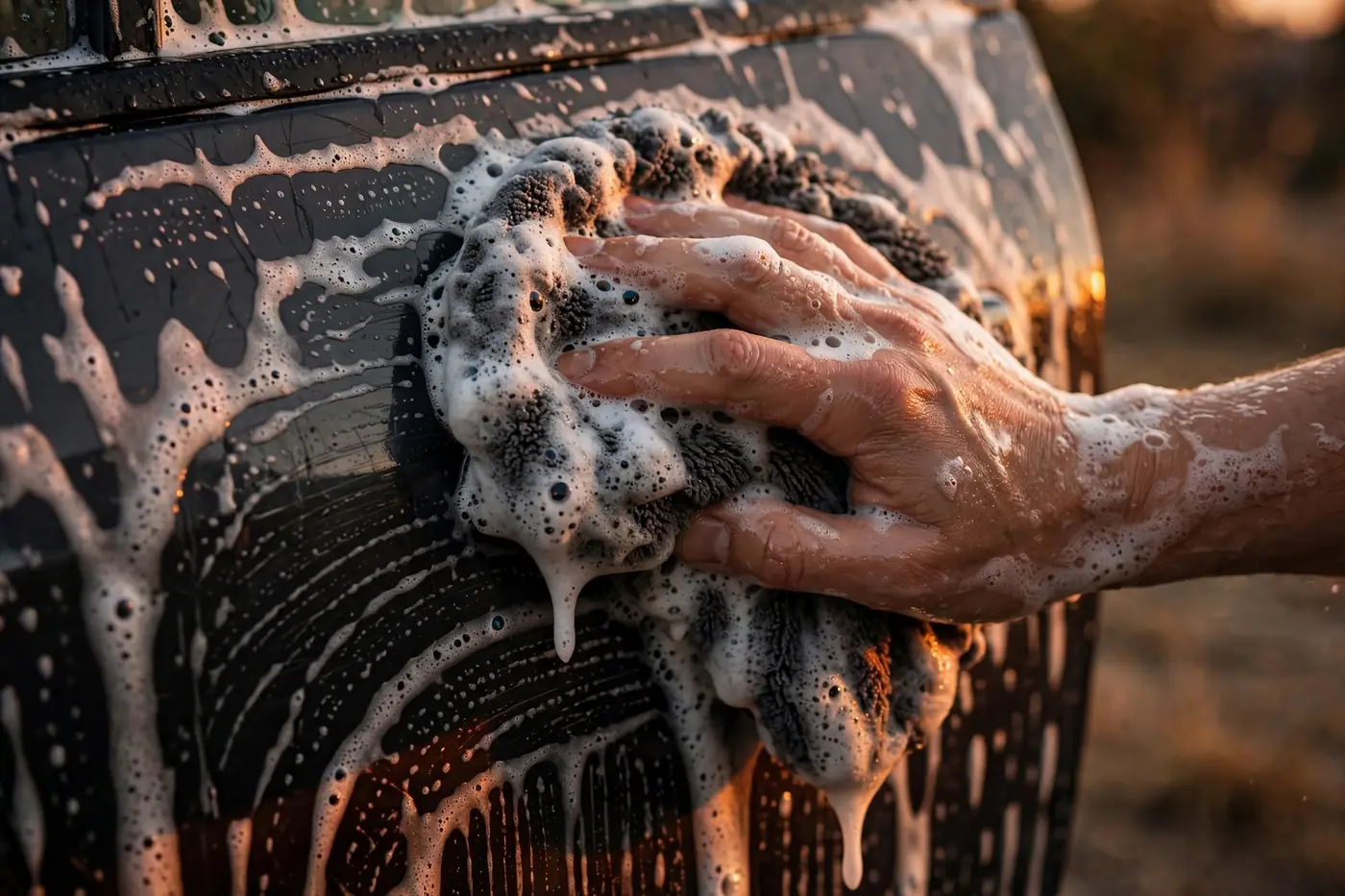 Hands washing a car door with a soapy mitt