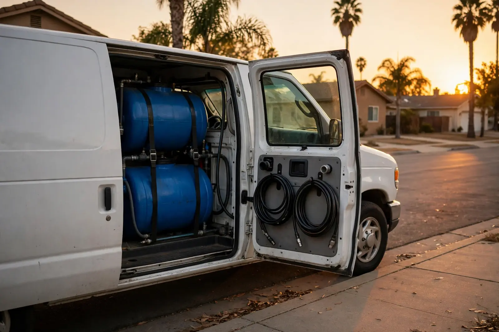 The SD Wash Wagon: a family work van with water tanks and coiled hoses, parked on a Chula Vista street at golden hour
